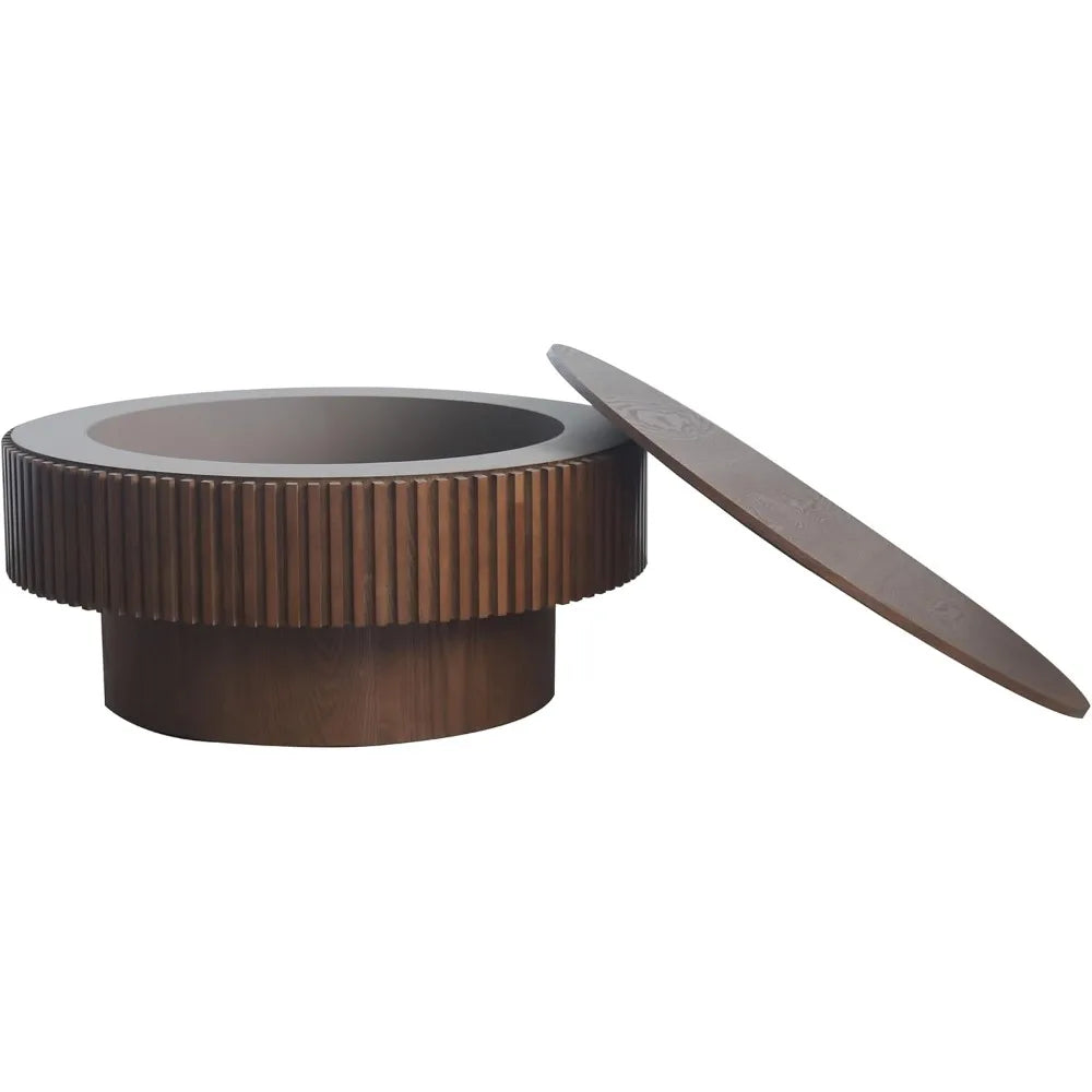 31.5 Round Coffee Table with Hidden Storage, Solid Wood Drum Coffee Table Tea Table for Living Room, Bedroom, Apartment or Offic