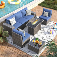 7-piece patio furniture set including fire pit table and wicker rattan sectional sofa with coffee table