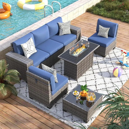 7-piece patio furniture set including fire pit table and wicker rattan sectional sofa with coffee table