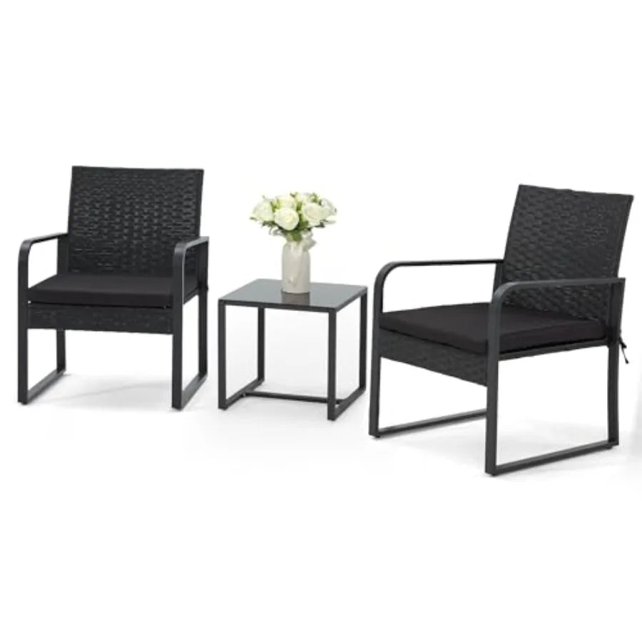 3 Piece Outdoor Patio Furniture Set Patio Bistro Set Wicker Conversation Set Modern Rattan Chair with Glass Coffee Table