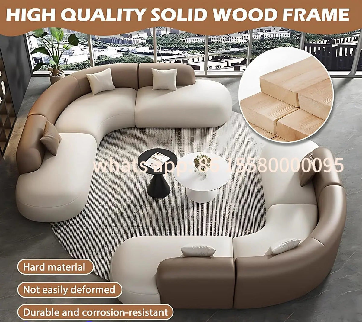 Customizable Curved Leather Corner Sofa Set with Solid Wood Frame, Modern Sectional Couches for Living Room