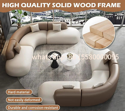 Customizable Curved Leather Corner Sofa Set with Solid Wood Frame, Modern Sectional Couches for Living Room