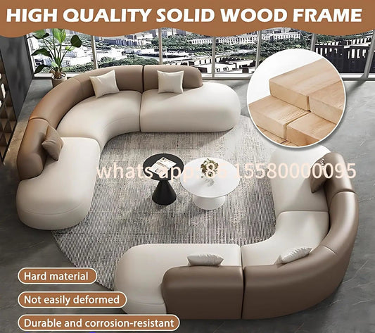 Customizable Curved Leather Corner Sofa Set with Solid Wood Frame, Modern Sectional Couches for Living Room