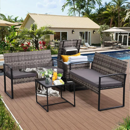 4 Piece Outdoor Patio Furniture Set with Built-in Beverage Cooler Storage Box, Wicker Conversation Sets Patio Outdoor Loves