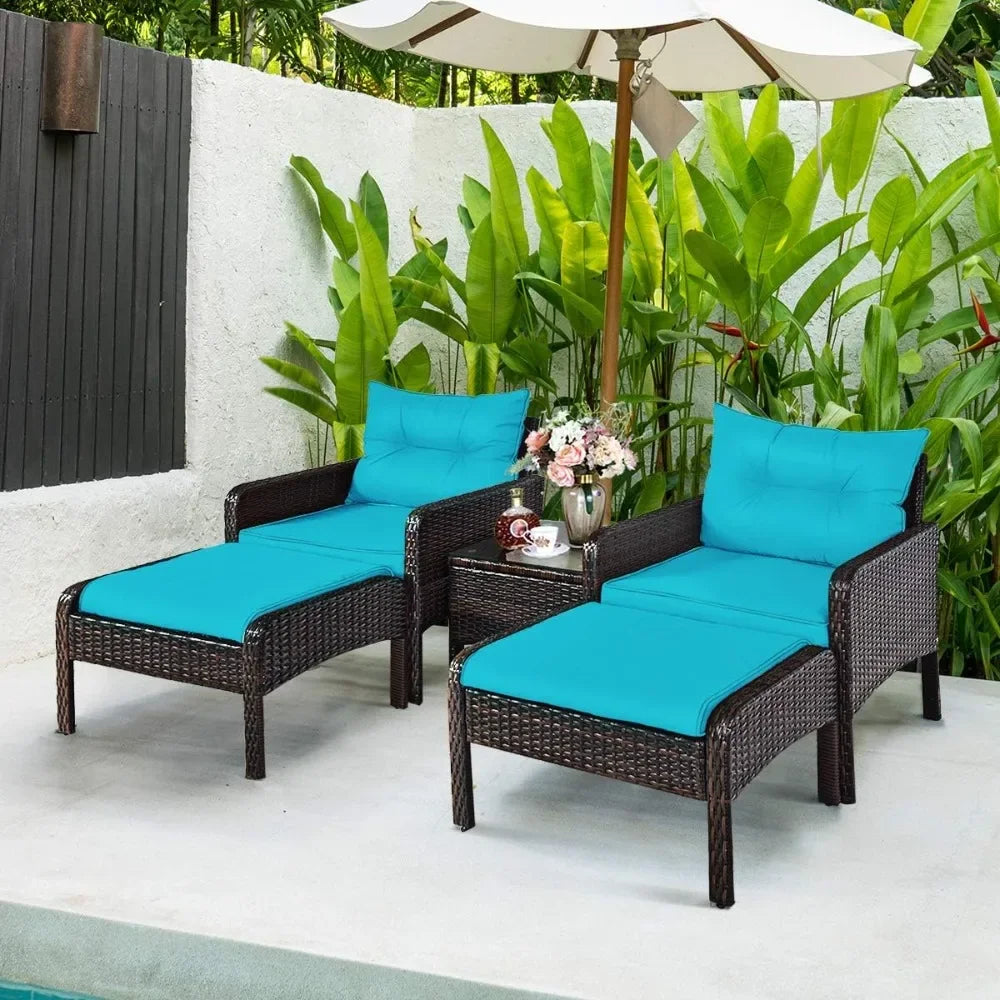 Wicker Furniture 5-Piece PE Wicker Rattan Outdoor Cushioned Sofa & Ottoman Set for Lawn, Pool, Balcony & Conversation A