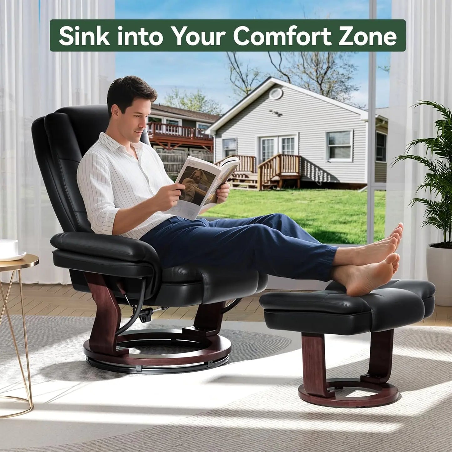 Modern Swivel Recliner Chair with Ottoman, Adjustable PU Leather, Thick Padded Cushion for Living Room, Bedroom