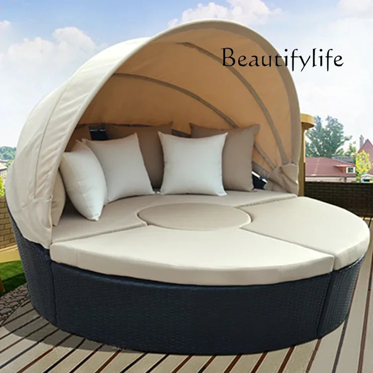 N Outdoor Lounge Leisure Ratten Bed Balcony Courtyard Sun Shade Sofa Outdoor round Bed