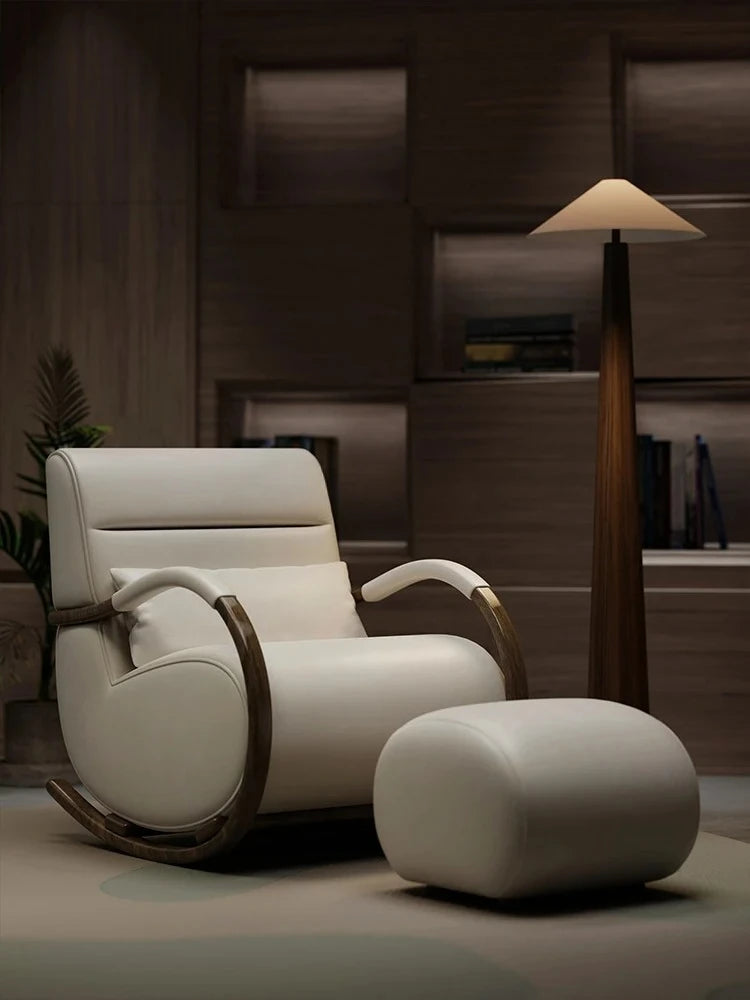 Solid wood leather lazy balcony leisure rocking chair bedroom living room household single sofa chair