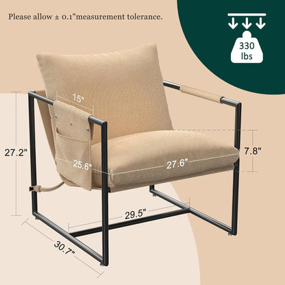 Sling Accent Chair For Living Room, Mid Modern Metal Frame Armchair For Reading Room, Bedroom Chair With Removable Storage Bag,