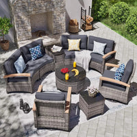 PatioLix 9 Piece Outdoor Patio Furniture Set, Half-Moon Curved Sectional Set with Wood Armrests, Patio Conversation Set, Tempered Glass