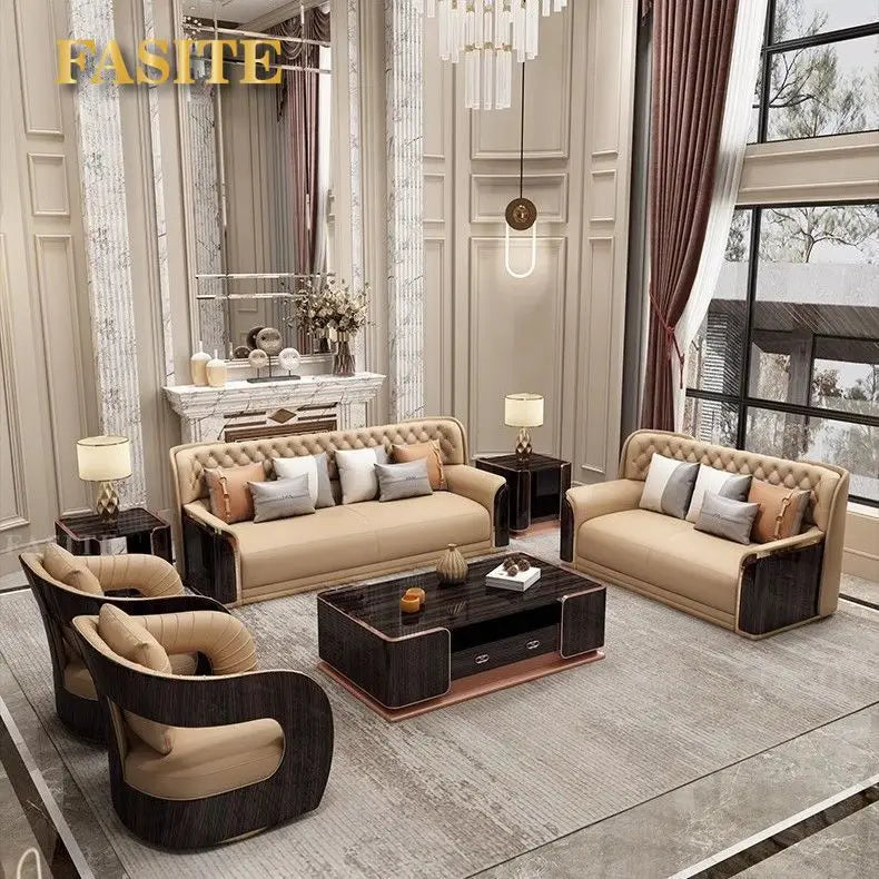 Italian light luxury leather sofa modern high-end straight row villa large flat floor
