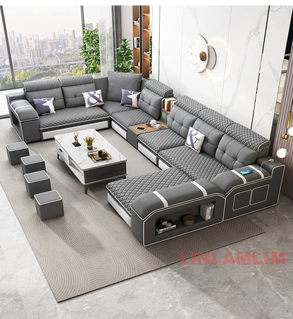 MANBAS Modern U-Shaped Fabric Sectional Sofa with Storage, Adjustable Headrests & USB Charging - Comfortable Quilted Upholstery