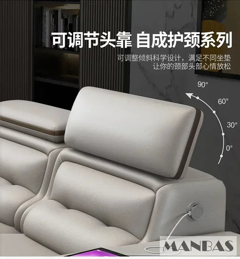 Genuine Leather Sofa With Bluetooth Speaker,USB And Adjustable Headrests - Nordic Italian Couch For Living Room Economically