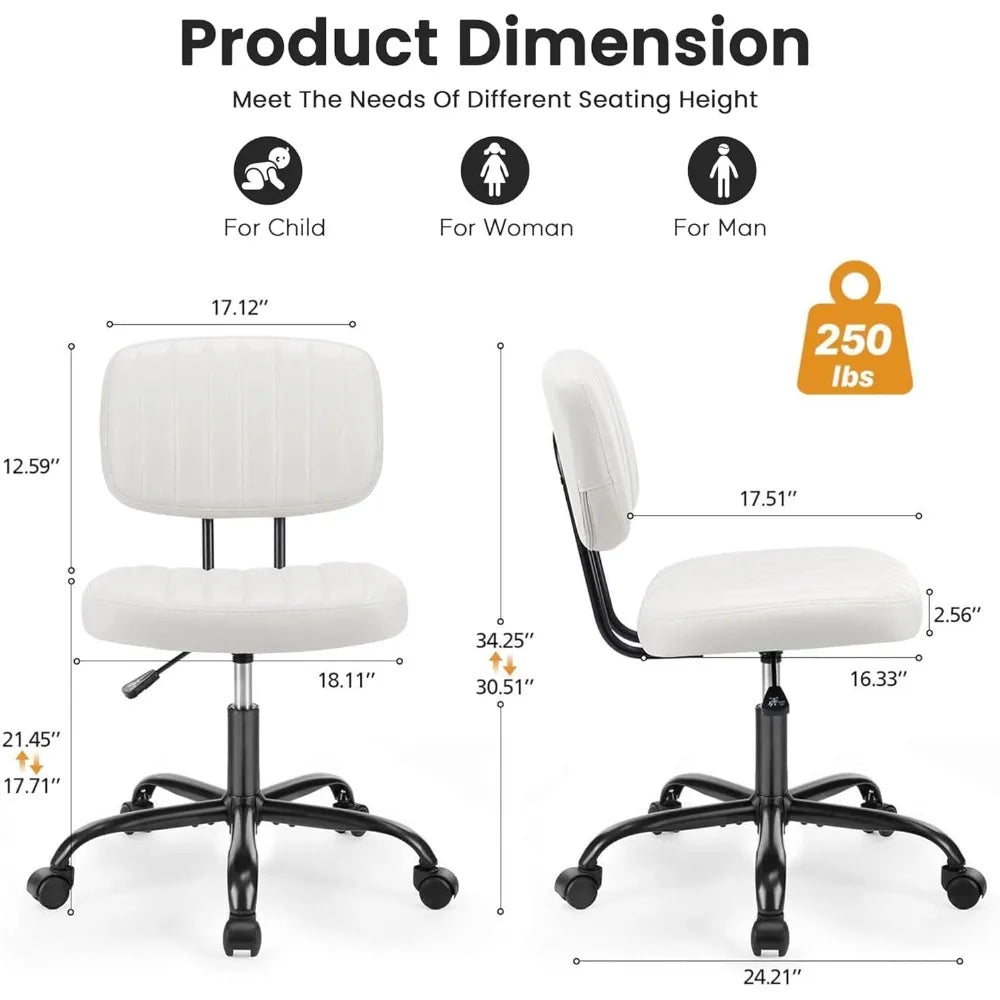 Small Office Desk Chair with Wheels, Armless Desk Chair with Lumbar Support, PU Leather Low Back Adjustable Height 360