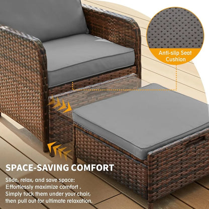 5-Piece Wicker Patio Furniture Set with Ottoman for Small Space Balcony Chairs and Footrest