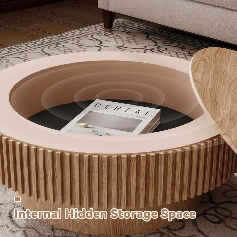 Modern Fluted Drum Coffee Table with Storage, Solid Wood Veneer, Circular Center Table for Living Room