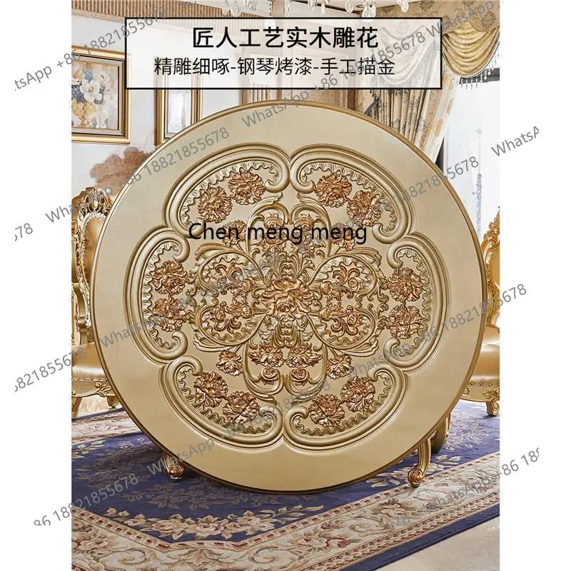 European dining table and chair combination glass surface classical luxury solid wood carving flower round table with turntable