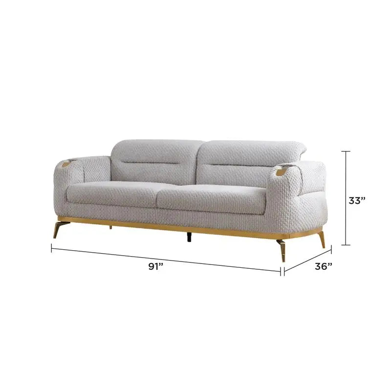 3PC Modern Living Room Set (Sofa + Loveseat + Chair) in Gray with Wood and Gold Accents