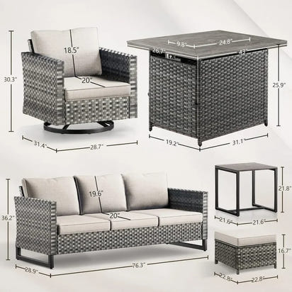Patio Conversation Set with Fire Pit Table, Grey Resin Wicker Swivel Patio Chairs with Sofa Ottomans Side Table and Fire Table