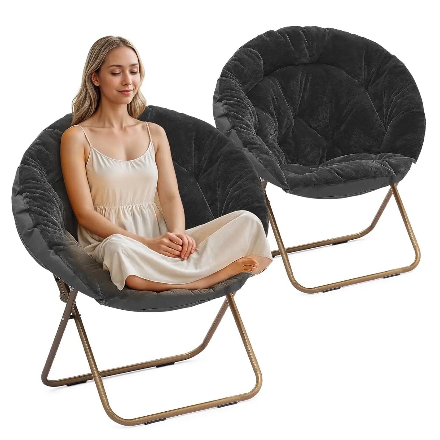 Comfy Saucer Chair Folding Faux Fur Accent Chair Metal Frame Bedroom Living Room Reading Moon Chair, Custom