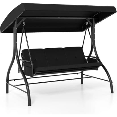 3 Person Porch Swing 2in1 Convertible Outdoor Swing with Adjustable Canopy Removable Cushions Metal Frame Side Pockets for Bac