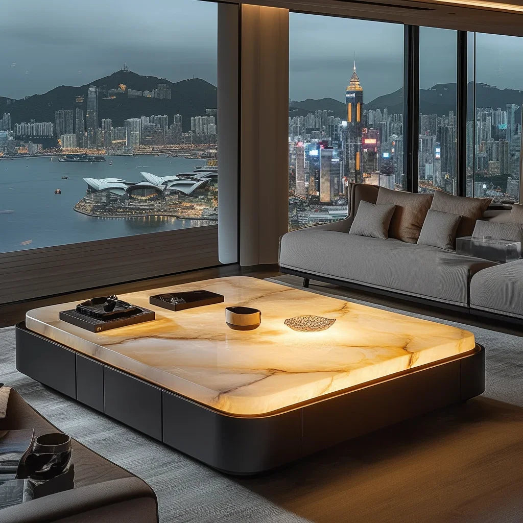 Square luxury stone leather luminous jade coffee table large flat-floor villa living room modern marble