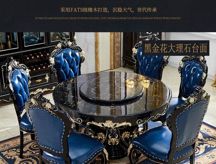 HTT marble dining table and chair combination carved round table for household8 people round  with turntable furniture