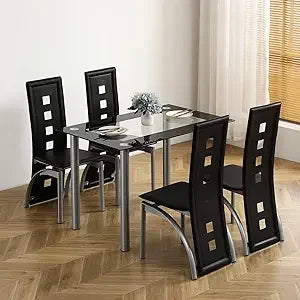 Dining Room Table Set for 4 Dining Table Set with Tempered Glass Table Top and 4 Faux Leather Chairs for Small Spaces Kitchen