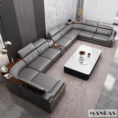 Modern Italian Genuine Leather Sofa for Living Room with Cup Holder, USB, Adjustable Headrests & Bluetooth Speaker - Linlamlim