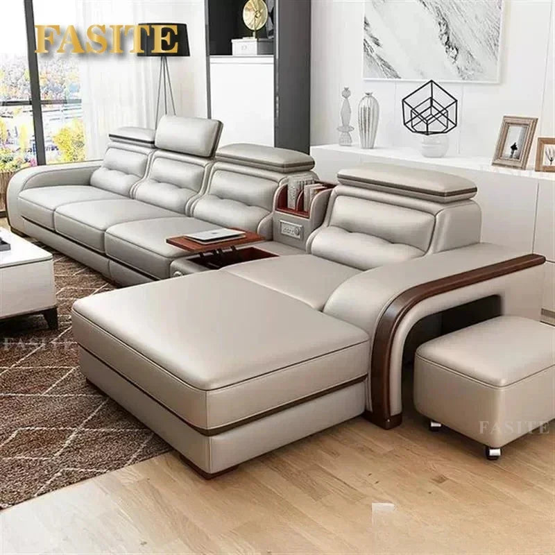 Genuine Leather Sofa With Bluetooth Speaker,USB And Adjustable Headrests - Nordic Italian Couch For Living Room Economically