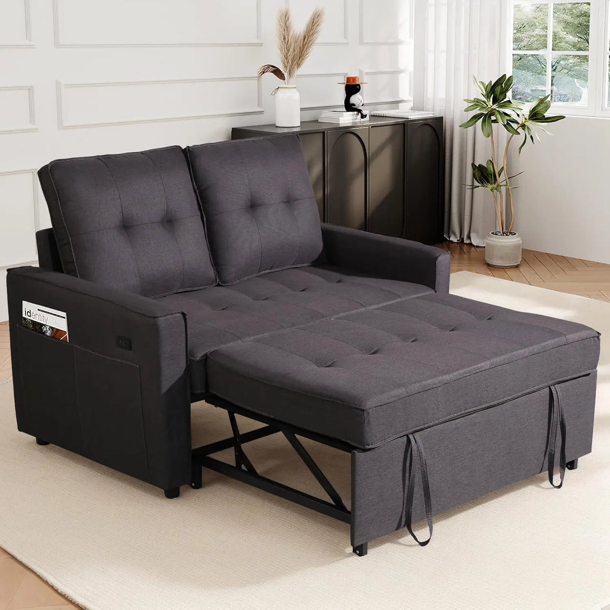 Convertible Sofa Bed with USB, Reclining Backrest & Storage Pockets - 3-in-1 Sleeper for Small Spaces (Dark Grey)