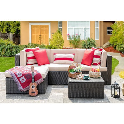 Vongrasig 5 Piece Patio Furniture Sets, All-Weather PE Rattan Wicker Outdoor Sectional Couch, Small Patio Conversation Set with