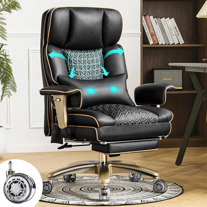 Big Tall Executive Office Chair 500lbs, Comfortable PU Leather Desk Chair with Footrest Adjustable Air Back Support, Lumbar Mass