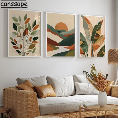 Sunset Leaf Art Poster Abstract Mountain Range Canvas Painting Minimalist Wall Art Living Room Bedroom Apartment Decor No Frame