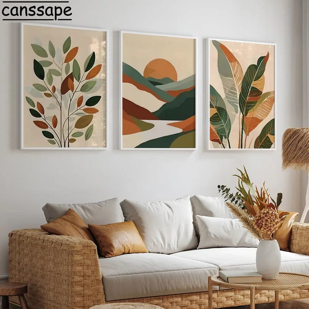 Sunset Leaf Art Poster Abstract Mountain Range Canvas Painting Minimalist Wall Art Living Room Bedroom Apartment Decor No Frame