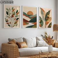 Sunset Leaf Art Poster Abstract Mountain Range Canvas Painting Minimalist Wall Art Living Room Bedroom Apartment Decor No Frame