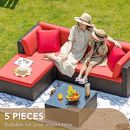 5 Pieces Patio Furniture Set Outdoor Sectional Sofa with Manual Weaving Wicker Rattan in Red Includes Cushions and Glass Table