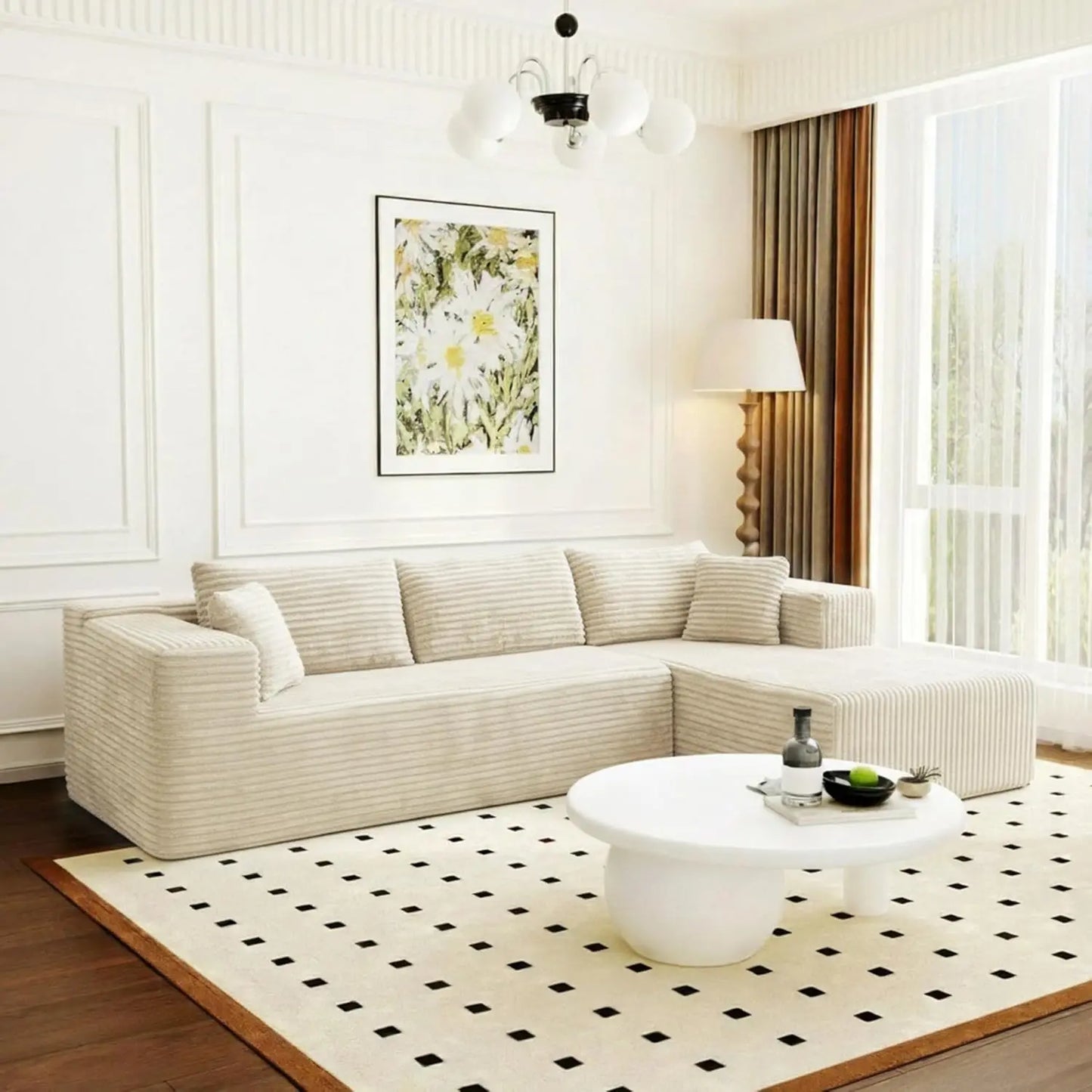 105.9” Modular Sectional Sofa with Chaise, L-Shape Corduroy Cloud Couch with Pillows, Modern Boneless Sofa for Living Room Apart
