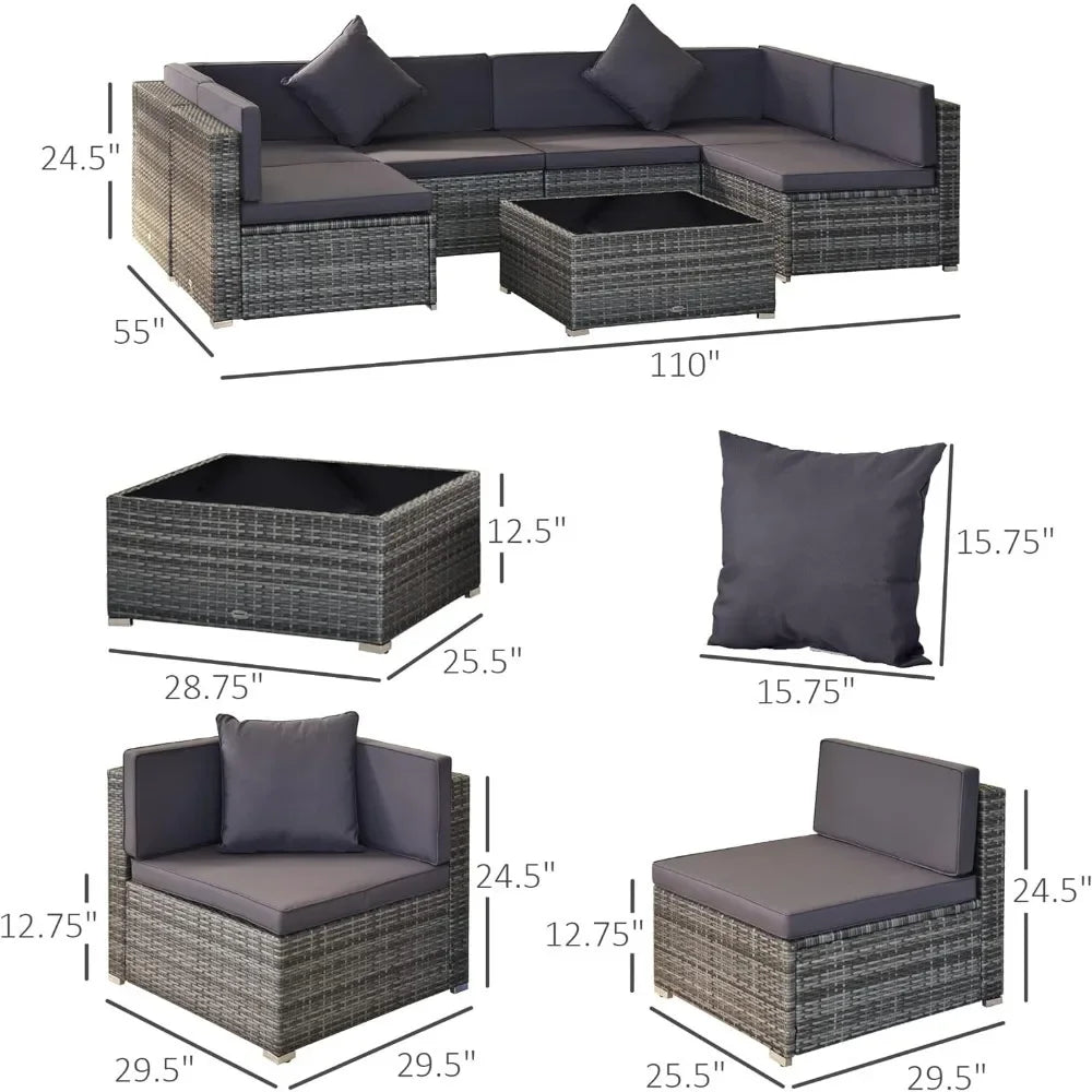 # l 7-piece outdoor furniture set, wicker dialogue set, all-weather rattan combination set, with cushion and tempered glass tabl