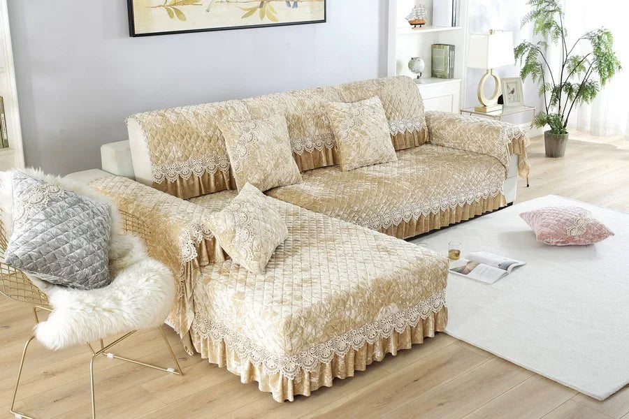 Embroidery Lace Sofa Cushion Gold Velvet Hemline Sofa Cover Autumn Winter European Couch Cover Solid Color Checkered Sofa Mat