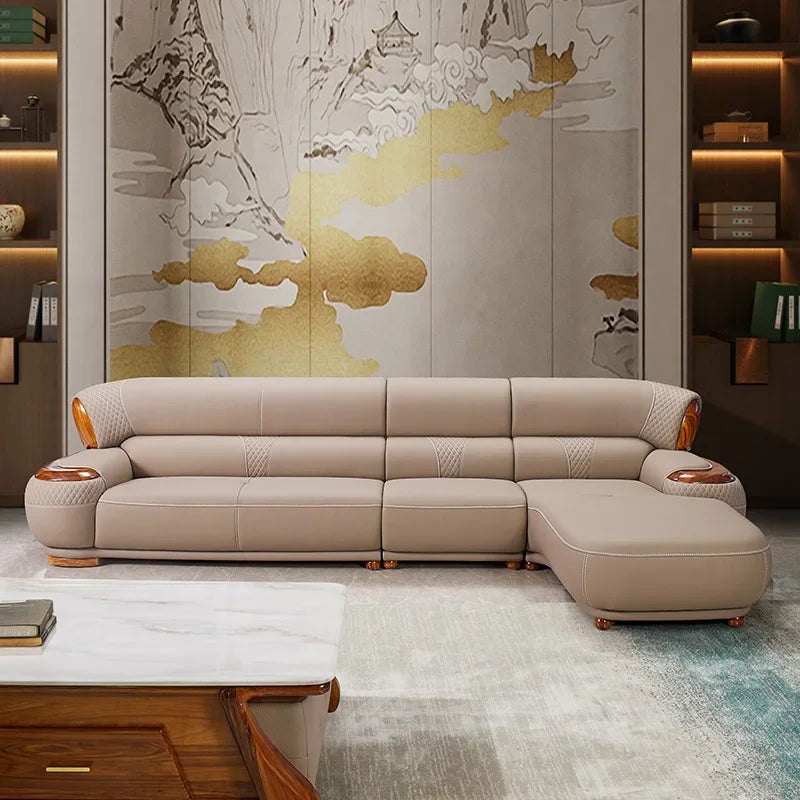 Modern new Chinese ebony leather sofa high-end villa solid wood first layer cowhide European living room luxury furniture
