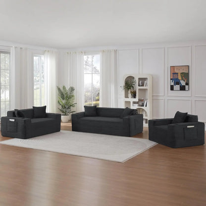 3 Seat Modular Deep Seat Sofa Set with Cup Holder & Side Pocket, Living Room Furniture, Black, Customized