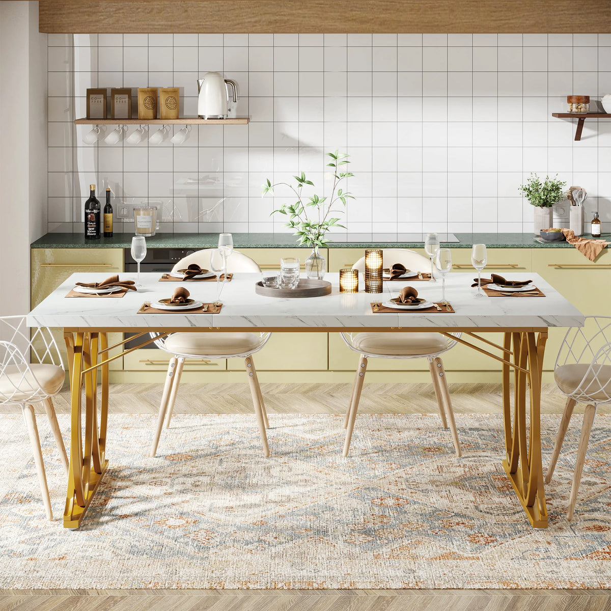 Tribesigns 63-Inch Rectangular Dining Table for 4 to 6, Modern Kitchen Table with Faux Marble Table Top, White Dinner Tables