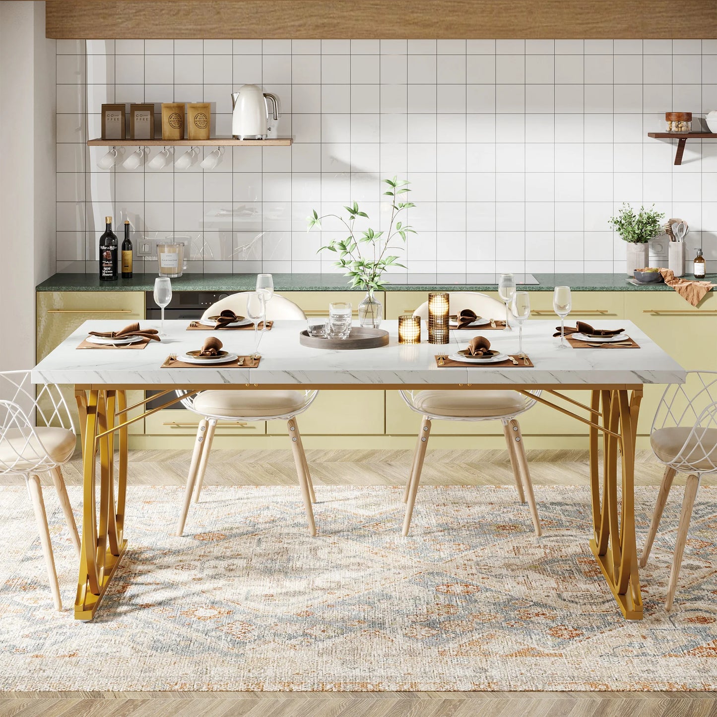 Tribesigns 63-Inch Rectangular Dining Table for 4 to 6, Modern Kitchen Table with Faux Marble Table Top, White Dinner Tables