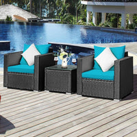 Hot Sale.3 Pieces Patio Furniture Set, PE Rattan Wicker Sofa Set w/Washable Cushion Cover and Tempered Glass Tabletop-NEW