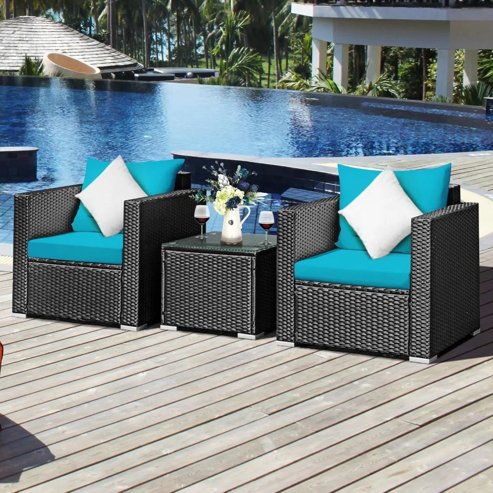 Hot Sale.3 Pieces Patio Furniture Set, PE Rattan Wicker Sofa Set w/Washable Cushion Cover and Tempered Glass Tabletop-NEW