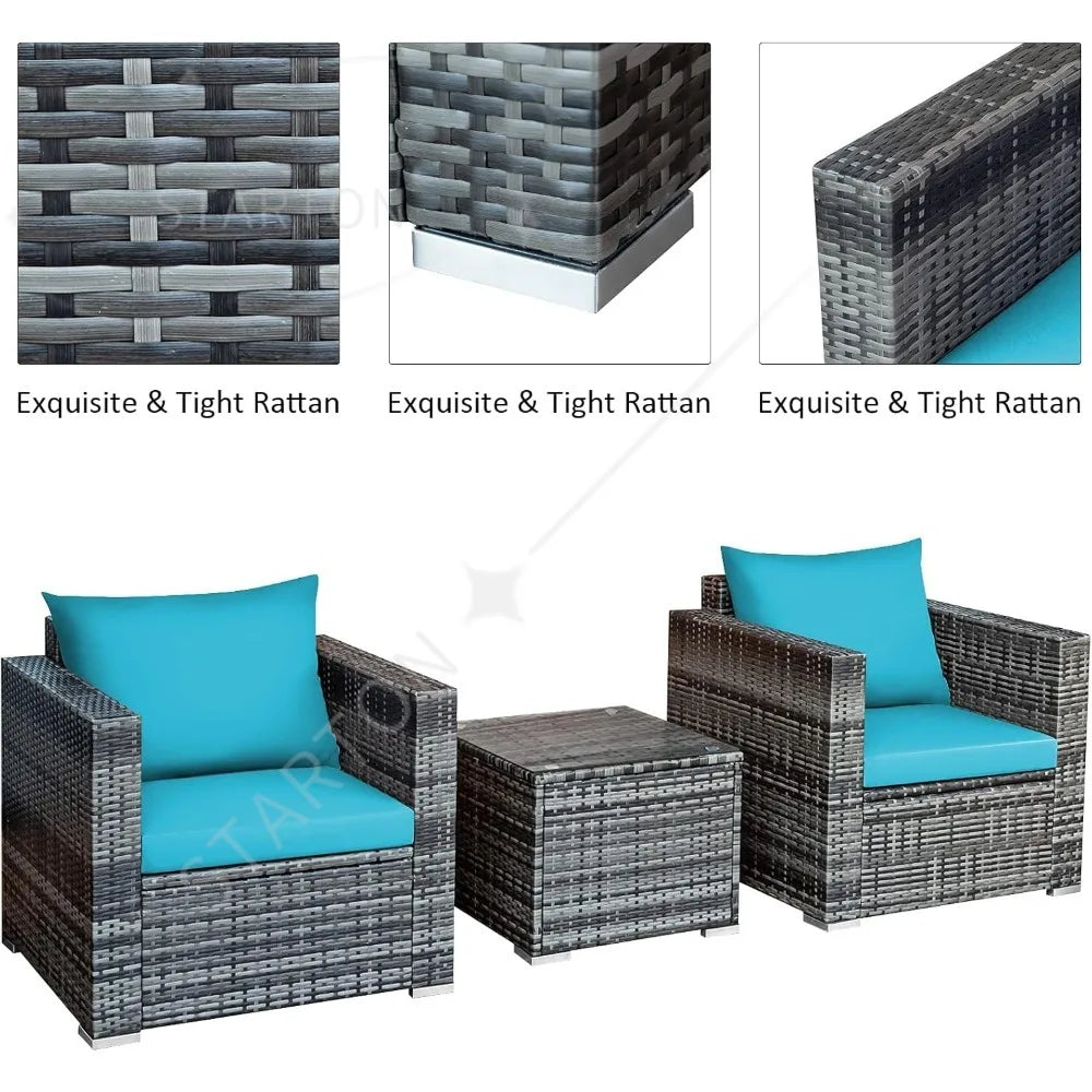 Three Piece Patio Set, Outdoor Rattan Sofa With Cushions, Tempered Glass Coffee Table, Wicker Conversation Furniture