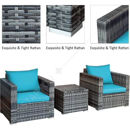 Three Piece Patio Set, Outdoor Rattan Sofa With Cushions, Tempered Glass Coffee Table, Wicker Conversation Furniture