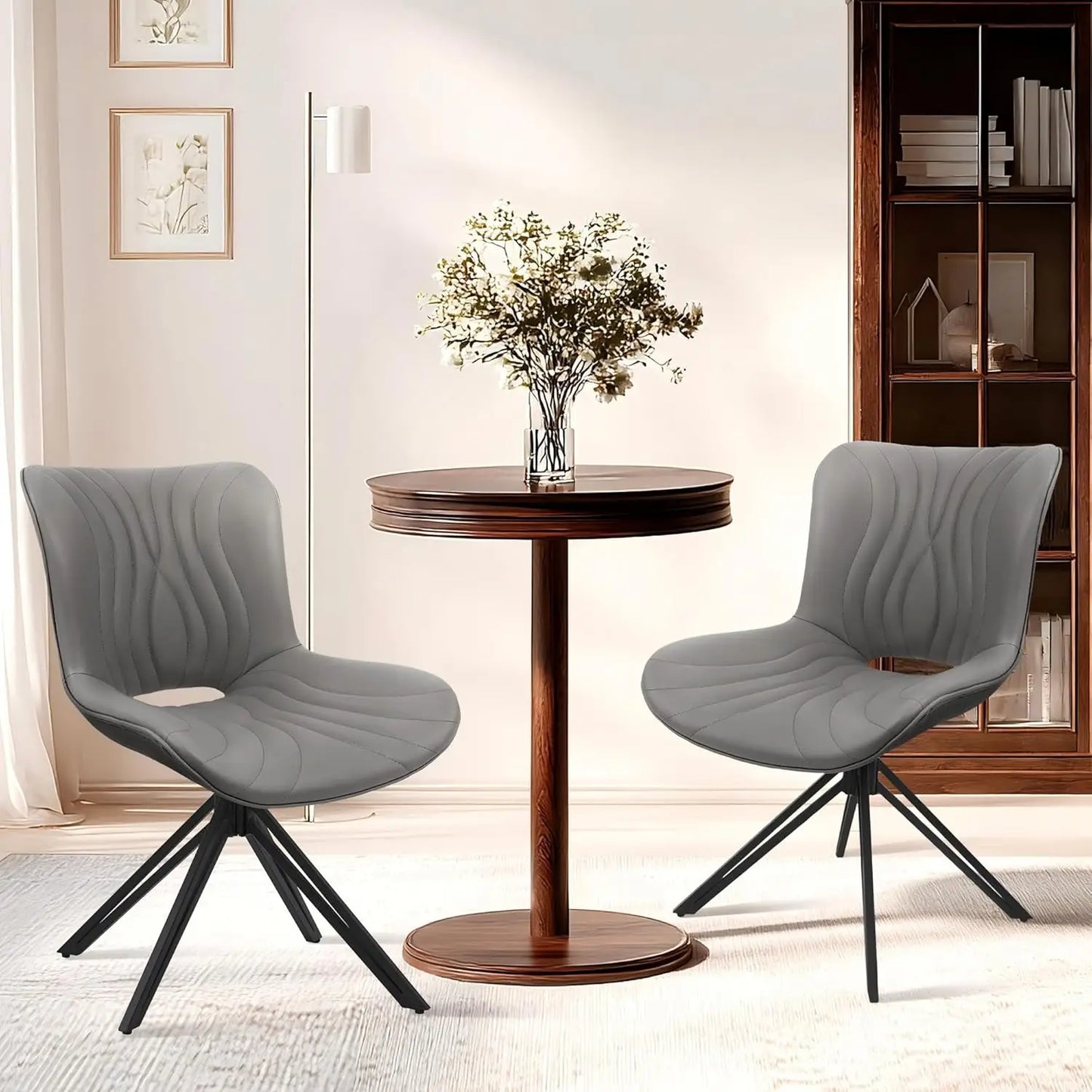 Dining Chairs Set of 2, 360° Swivel Armless Faux Leather Accent Chairs with Padded Back and Metal Legs, Mid-Century, Customized