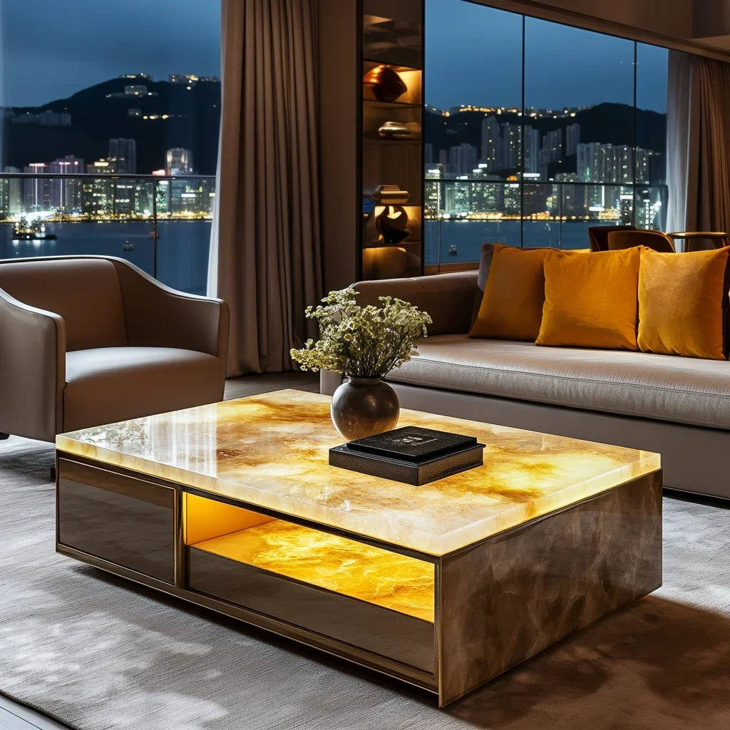 11Customized square modern luminous jade coffee table living room design large flat luxury stone villa marble home